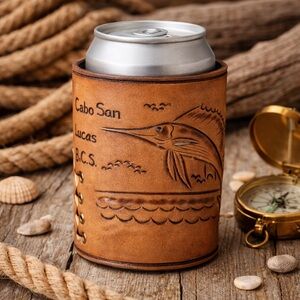 Vintage Hand Tooled Leather Beer Can Holder Cabo San Lucas Marlin Fishing Koozie